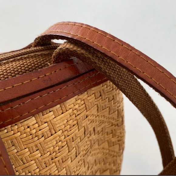 Vintage 80s Woven Straw Leather Trimmed Shoulderbag Brown Tan Double Straps - Picture 5 of 15